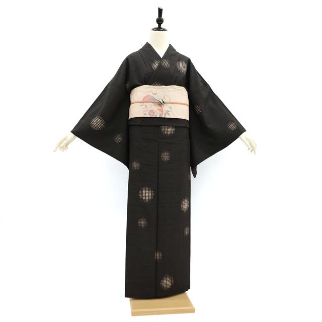 紬 袷 着物 清次の泥絞り 泥染め 黒こげ茶 丸文 正絹 カジュアル 紬 袷 着物 清次の泥絞り 泥染め 黒こげ茶 丸文 正絹 カジュアル