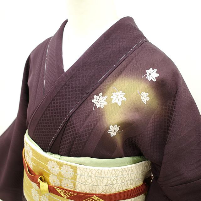 訪問着 袷 着物 正絹 濃紫 三日月 すすき 楓 フォーマル 新古品 訪問着 袷 着物 正絹 濃紫 三日月 すすき 楓 フォーマル 新古品