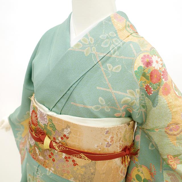 訪問着 袷 着物 手描き友禅 圭雲 作家物 梅幸茶色 グリーン 四季の花 