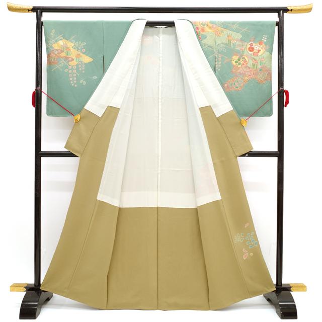 訪問着 袷 着物 手描き友禅 圭雲 作家物 梅幸茶色 グリーン 四季 訪問着 袷 着物 手描き友禅 圭雲 作家物 梅幸茶色 グリーン 四季
