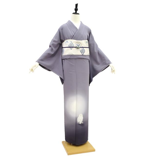 付下げ 袷 着物 付け下げ くすみ紫グレー 作家物 月明りに梟 ふくろう 