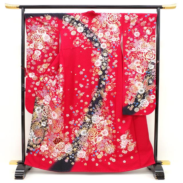 振袖 着物 長襦袢 2点 セット 金彩加工 赤 バラ 薔薇 牡丹 蝶 振袖 着物 長襦袢 2点 セット 金彩加工 赤 バラ 薔薇 牡丹 蝶