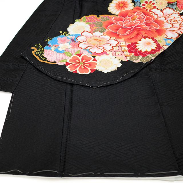 二尺袖 着物 絵羽柄 ショート丈 卒業式 袴 専用 黒 雪輪 牡丹 菊 四季 