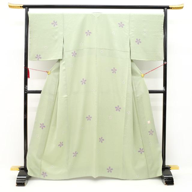小紋 袷 着物 作家物 落款あり 正絹 若葉色 黄緑 桜 カジュアル 小紋 袷 着物 作家物 落款あり 正絹 若葉色 黄緑 桜 カジュアル