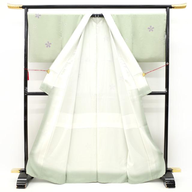 小紋 袷 着物 作家物 落款あり 正絹 若葉色 黄緑 桜 カジュアル 小紋 袷 着物 作家物 落款あり 正絹 若葉色 黄緑 桜 カジュアル