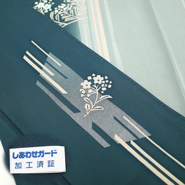 訪問着 袷 着物 十日町友禅 あらい義風 作 くすみ青緑 草花 縞 訪問着 袷 着物 十日町友禅 あらい義風 作 くすみ青緑 草花 縞