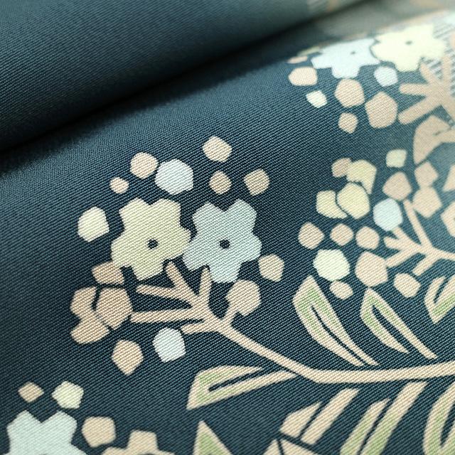 訪問着 袷 着物 十日町友禅 あらい義風 作 くすみ青緑 草花 縞 訪問着 袷 着物 十日町友禅 あらい義風 作 くすみ青緑 草花 縞