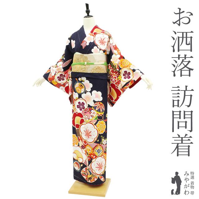 訪問着 袷 着物 黒紺地 花古典 梅 菊 桜 金彩加工 金駒刺繍 フォーマル 新古品 仕立て上がり 身丈167 裄68.5 Ｌサイズ みやがわ sb13794 訪問着 袷 着物 黒紺地 花古典 梅 菊 桜 金彩加工 金駒刺繍 フォーマル