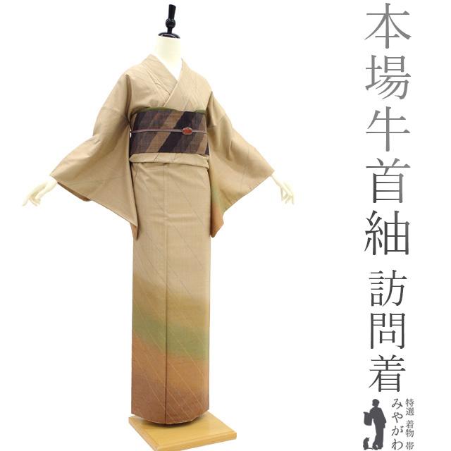 ☆ 牛首紬 付下げ 石川県指定無形文化財 叩き染 薄利休鼠色 K-5414 本場牛首紬 袷 訪問着 着物 石川県指定無形文化財 手織り 手染め 淡茶