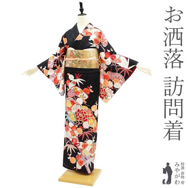 訪問着 袷 着物 黒 花古典 松竹梅 牡丹 桜 菊 金彩加工 金駒刺繍