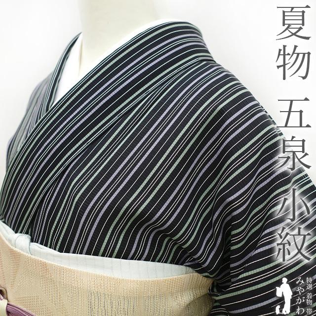 夏物 小紋 単衣 着物 絽 五泉 正絹 黒 くすみ 緑 白 ストライプ