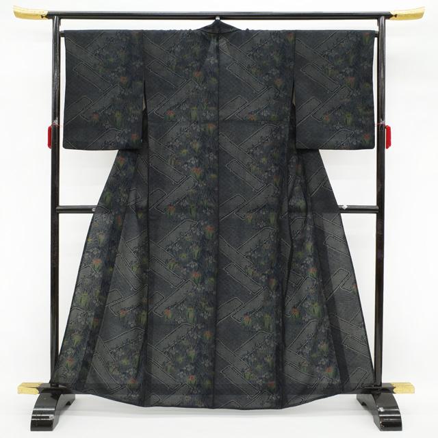 紗袷 一方付け 小紋 着物 紗合わせ 黒紺 6月 花菖蒲 青海波 杜若 紗袷 一方付け 小紋 着物 紗合わせ 黒紺 6月 花菖蒲 青海波 杜若