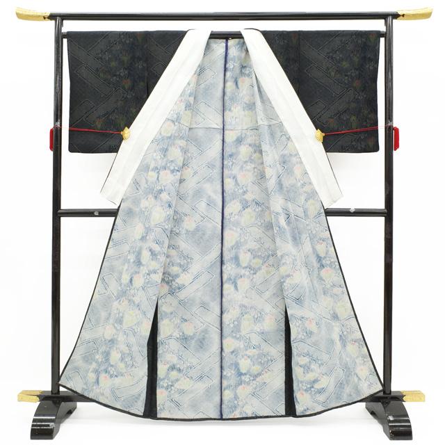 紗袷 一方付け 小紋 着物 紗合わせ 黒紺 6月 花菖蒲 青海波 杜若 紗袷 一方付け 小紋 着物 紗合わせ 黒紺 6月 花菖蒲 青海波 杜若