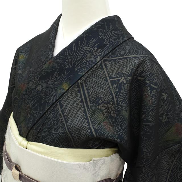 紗袷 一方付け 小紋 着物 紗合わせ 黒紺 6月 花菖蒲 青海波 杜若 紗袷 一方付け 小紋 着物 紗合わせ 黒紺 6月 花菖蒲 青海波 杜若