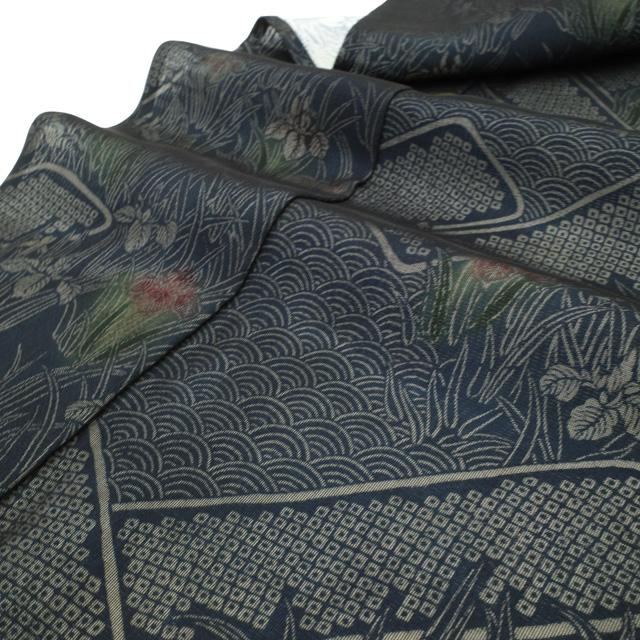 紗袷 一方付け 小紋 着物 紗合わせ 黒紺 6月 花菖蒲 青海波 杜若 紗袷 一方付け 小紋 着物 紗合わせ 黒紺 6月 花菖蒲 青海波 杜若