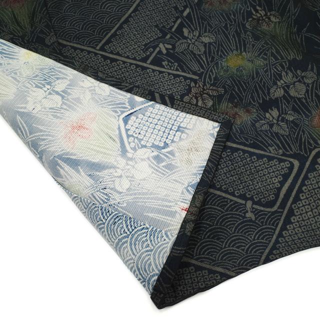紗袷 一方付け 小紋 着物 紗合わせ 黒紺 6月 花菖蒲 青海波 杜若 紗袷 一方付け 小紋 着物 紗合わせ 黒紺 6月 花菖蒲 青海波 杜若