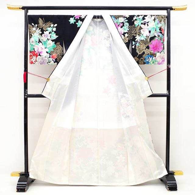 訪問着 袷 着物 正絹 金彩加工 ラメ糸 黒 白 牡丹 バラ 百合 蝶