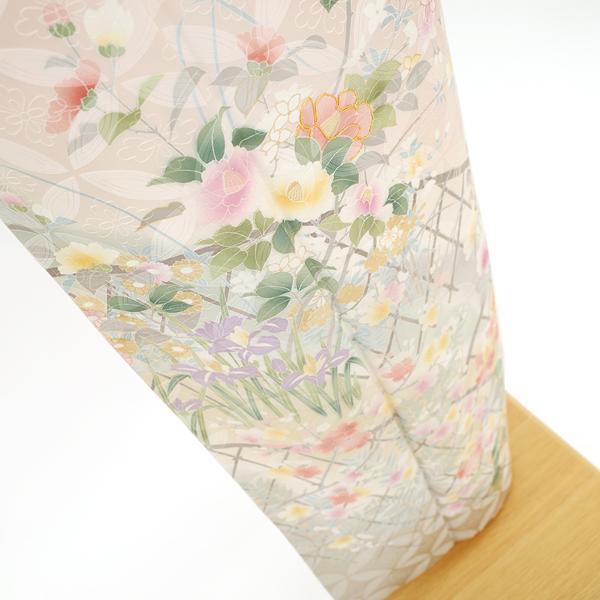 訪問着 袷 着物 正絹 薄ピンク ぼかし 四季の花 地紋 フォーマル 未 