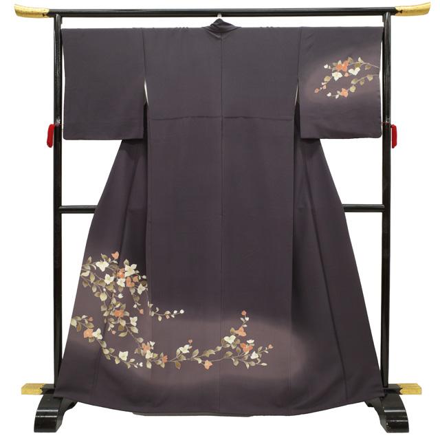 訪問着 袷 着物 手描き友禅 正絹 濃茶紫 ぼかし ヤマボウシ 草花 訪問着 袷 着物 手描き友禅 正絹 濃茶紫 ぼかし ヤマボウシ 草花