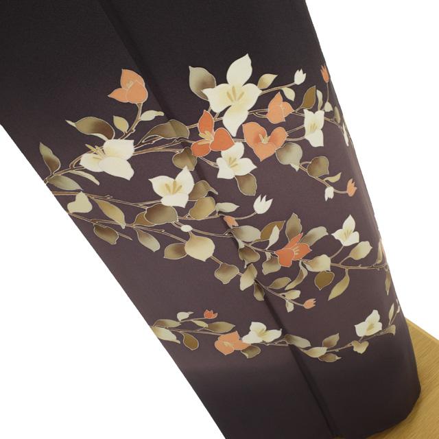 訪問着 袷 着物 手描き友禅 正絹 濃茶紫 ぼかし ヤマボウシ 草花 訪問着 袷 着物 手描き友禅 正絹 濃茶紫 ぼかし ヤマボウシ 草花