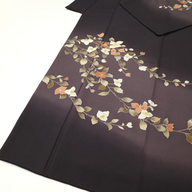 訪問着 袷 着物 手描き友禅 正絹 濃茶紫 ぼかし ヤマボウシ 草花 訪問着 袷 着物 手描き友禅 正絹 濃茶紫 ぼかし ヤマボウシ 草花