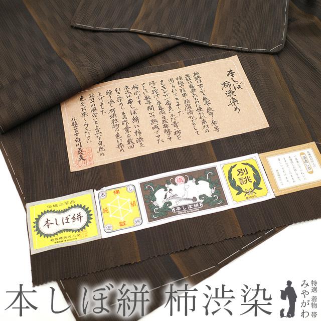 着物 袷 着物 本しぼ絣 柿渋染 十日町 白新染織 白川貞夫 正絹 こげ茶  
