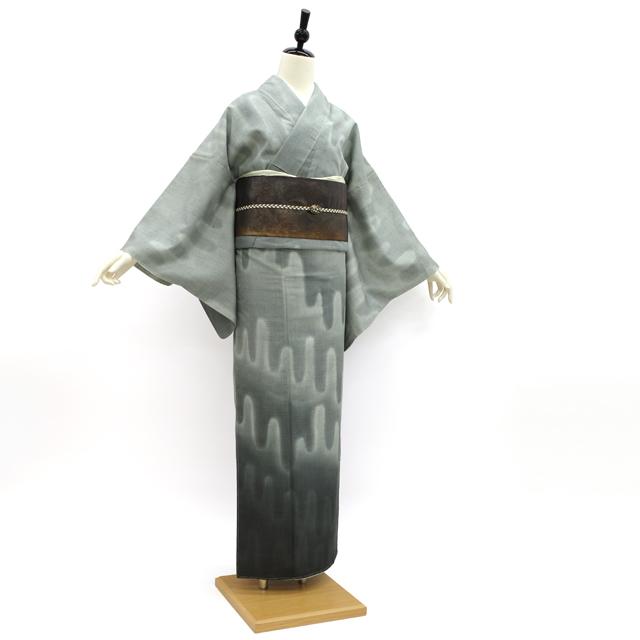 結城紬 袷 着物 真綿紬 結せんか染 正絹 絹 グレー 壺垂れ文様 