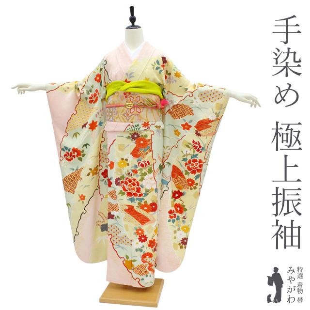 振袖 着物 正絹 手染め 薄黄 黄緑 ピンク 四季の花 金彩 袷 春 秋 冬
