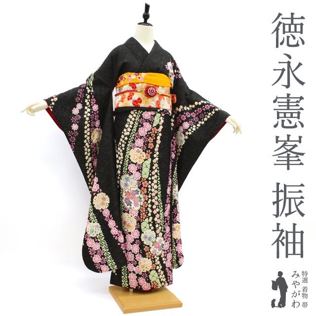 振袖 着物 リサイクル 桐屋 翠山工房 徳永憲峯 絞り 黒 花 雪輪 青海波 中古 仕立て上がり 身丈166.5 裄68.5 Ｌサイズ みやがわ sb14940 振袖 着物 リサイクル 桐屋 翠山工房 徳永憲峯 絞り 黒 花 雪輪 青海波