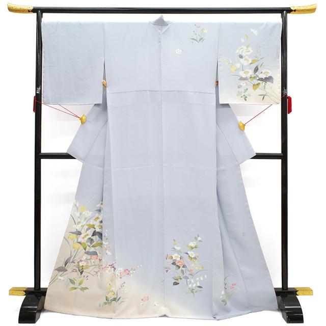 訪問着 正絹 着物 袷 友禅染 作家物 手染め 淡藤色 四季の花 菊 梅 