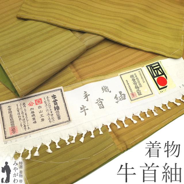 本場牛首紬 着物 未使用 正絹 白山工房 菜種油色 カジュアル 本場牛首紬 着物 未使用 正絹 白山工房 菜種油色 カジュアル