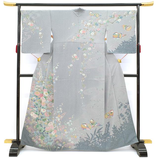 訪問着 着物 正絹 袷 手描き友禅 グレー ぼかし たたき染め 鴛鴦 訪問着 着物 正絹 袷 手描き友禅 グレー ぼかし たたき染め 鴛鴦