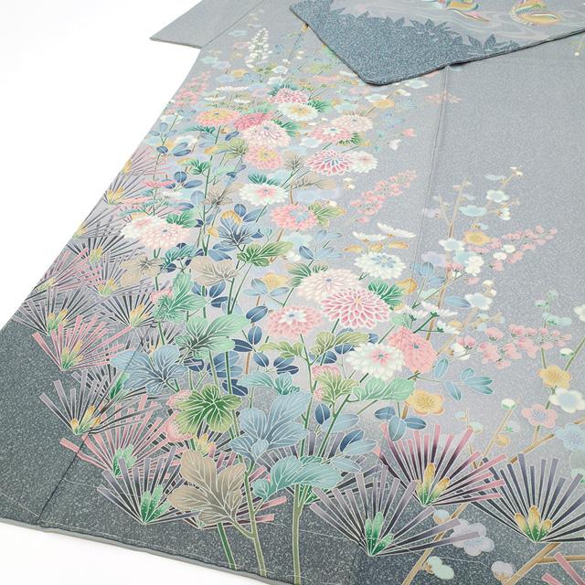 訪問着 着物 正絹 袷 手描き友禅 グレー ぼかし たたき染め 鴛鴦 訪問着 着物 正絹 袷 手描き友禅 グレー ぼかし たたき染め 鴛鴦