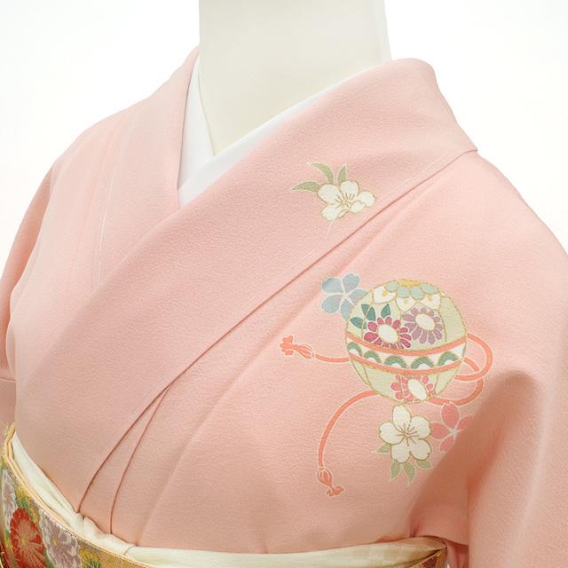 訪問着 着物 正絹 袷 手描き友禅 作家物 ピンク 霞 鞠 四季の花 訪問着 着物 正絹 袷 手描き友禅 作家物 ピンク 霞 鞠 四季の花