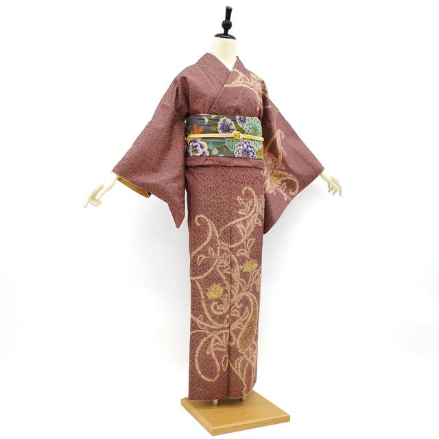 紬 訪問着 着物 袷 野蚕糸 ムガシルク 手絞り 小豆色 草花文様 紬 訪問着 着物 袷 野蚕糸 ムガシルク 手絞り 小豆色 草花文様