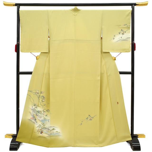 訪問着 着物 正絹 袷 手描き友禅 作家物 風景図 松 橋 柿 落款 訪問着 着物 正絹 袷 手描き友禅 作家物 風景図 松 橋 柿 落款