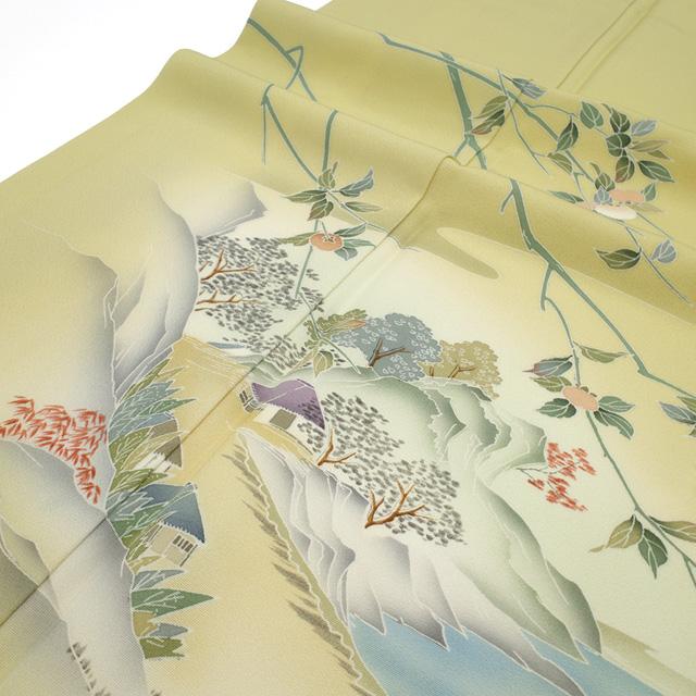 訪問着 着物 正絹 袷 手描き友禅 作家物 風景図 松 橋 柿 落款 訪問着 着物 正絹 袷 手描き友禅 作家物 風景図 松 橋 柿 落款
