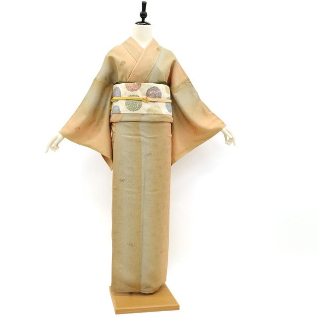 小紋 着物 正絹 袷 一刀彫 オレンジベージュ × 青磁鼠色 ぼかし 小紋 着物 正絹 袷 一刀彫 オレンジベージュ × 青磁鼠色 ぼかし