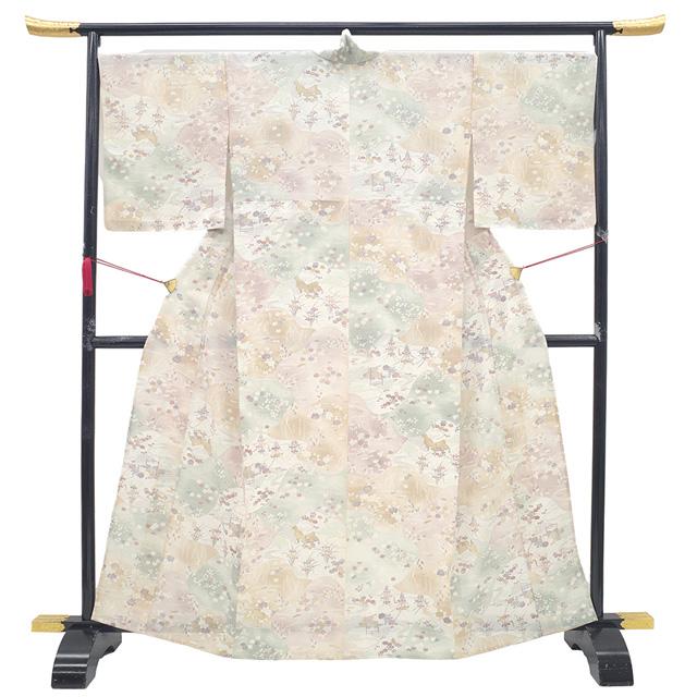 夏物 小紋 単衣 着物 未使用 絽 正絹 型染め 白ベージュ 夏 夏物 小紋 単衣 着物 未使用 絽 正絹 型染め 白ベージュ 夏