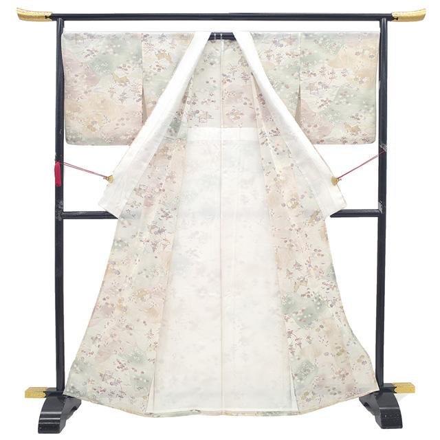 夏物 小紋 単衣 着物 未使用 絽 正絹 型染め 白ベージュ 夏 夏物 小紋 単衣 着物 未使用 絽 正絹 型染め 白ベージュ 夏