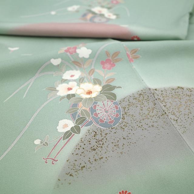 訪問着 着物 正絹 袷 手描き友禅 フォーマル 薄青色 遠山 花車 四季の