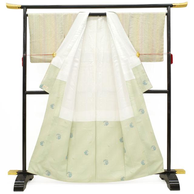 小紋 袷 着物 正絹 染め パステルカラー 細縞 地紋 草花 上質