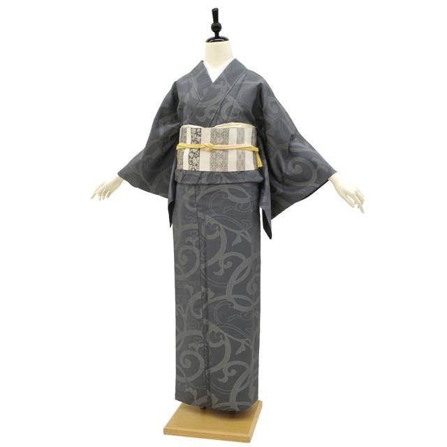 御召 単衣 着物 未使用 お召 正絹 春 秋 京都 岡重 唐草 グレー
