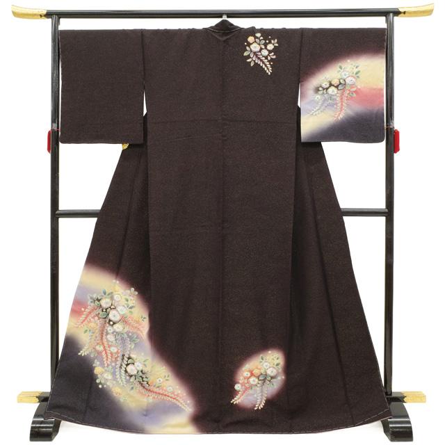 未使用近い　美品　袷　高級化繊　辻が花　小紋　フルセット 訪問着 袷 着物 未使用 正絹 フォーマル 金通し 黒紫地 辻が花 新古品