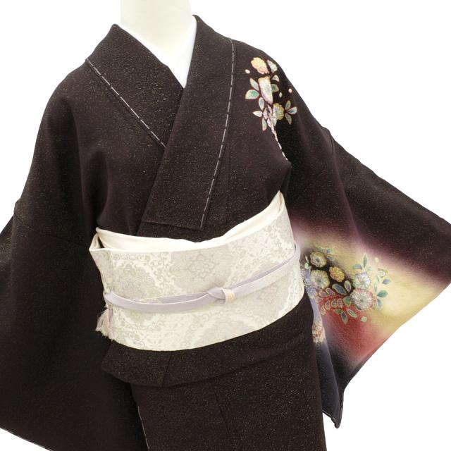 訪問着 袷 着物 未使用 正絹 フォーマル 金通し 黒紫地 辻が花 新古品