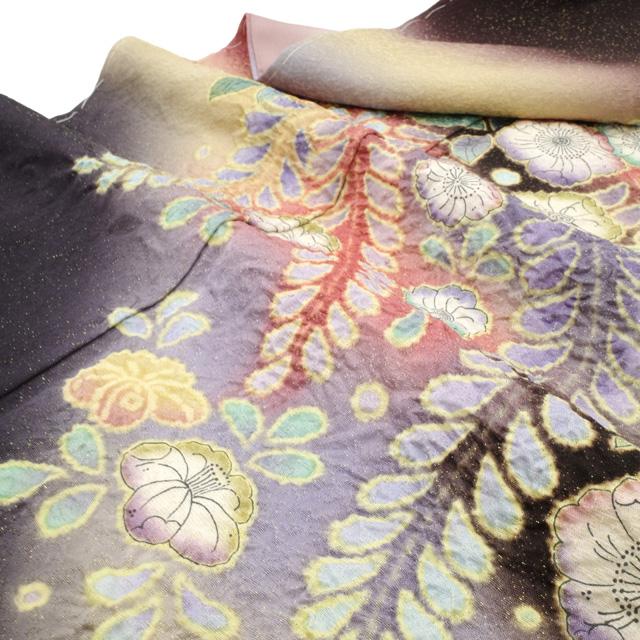 D447 訪問着　手描き花模様　紫　正絹　着物　袷　しつけ糸付き未使用極美品 訪問着 袷 紫 桜色 絵羽文様 絵羽柄 辻が花 辻ヶ花 沙羅双樹 夏椿 藤