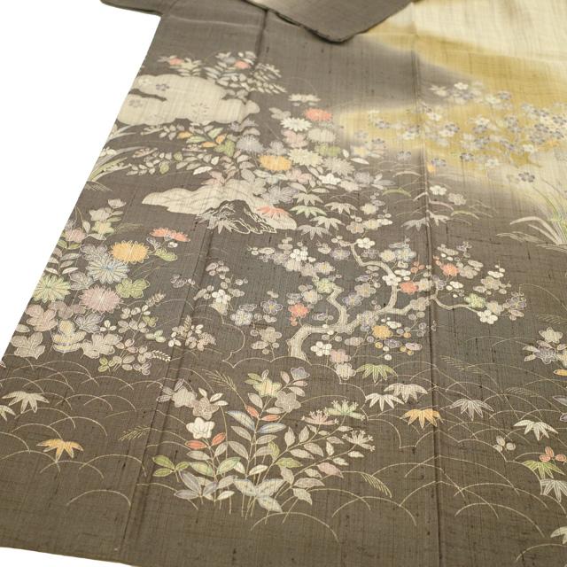 生紬 未使用 訪問着 京友禅 後染め ベージュ色 袷 節糸 作家落款 美品 生紬 未使用 訪問着 京友禅 後染め ベージュ色 袷 節糸 作家落款