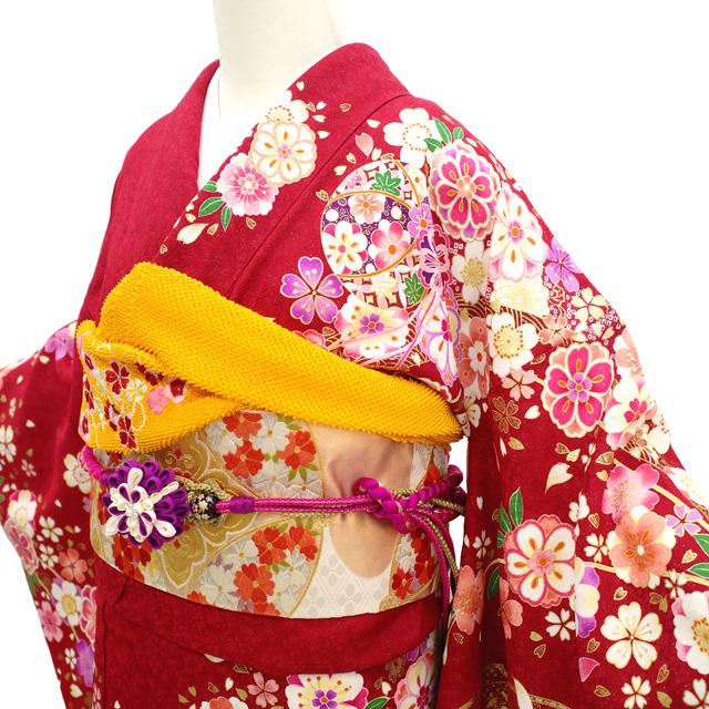 振袖 着物 リサイクル 正絹 成人式 フォーマル 刺繍 金彩加工 赤 鞠 桜