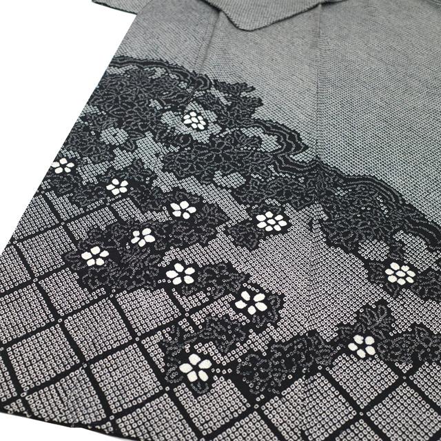 訪問着 着物 リサイクル フォーマル 正絹 総絞り 袷 黒 草花 菱格子 雲
