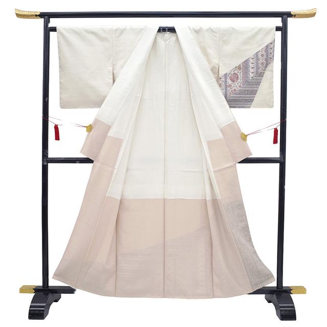 本場牛首紬 訪問着 着物 未使用 正絹 袷 白山工房 アンバーホワイト